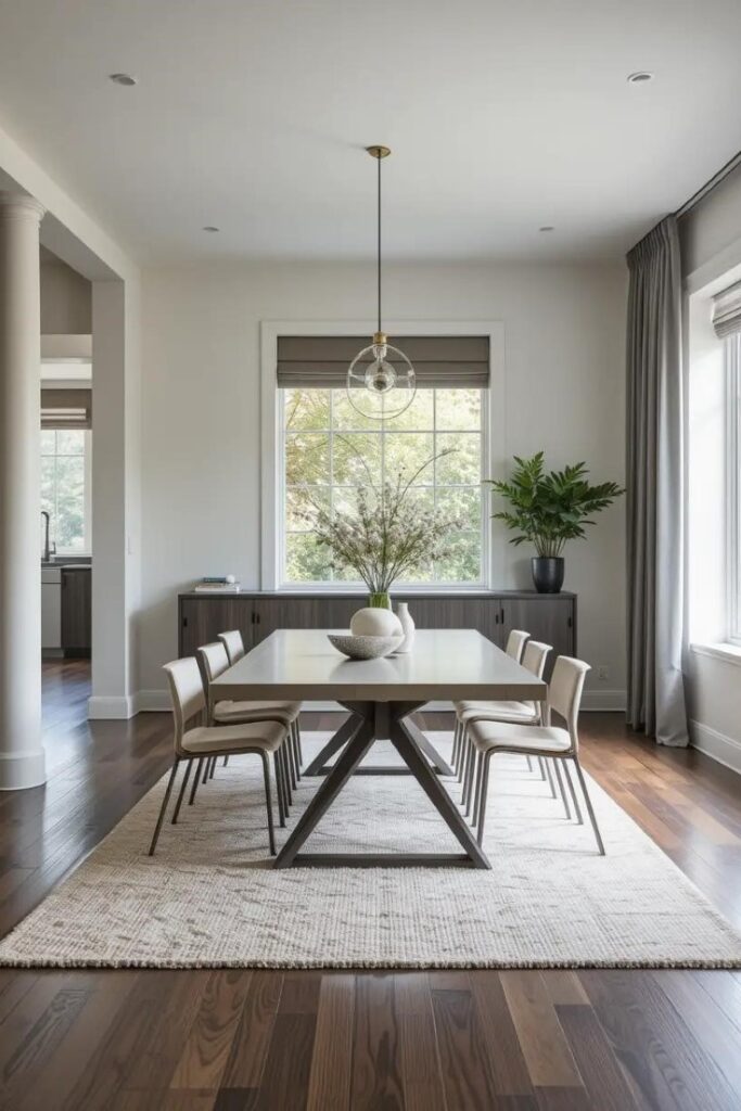 Open concept dining room with a large area rug under the table, creating visual definition in a seamless living space.