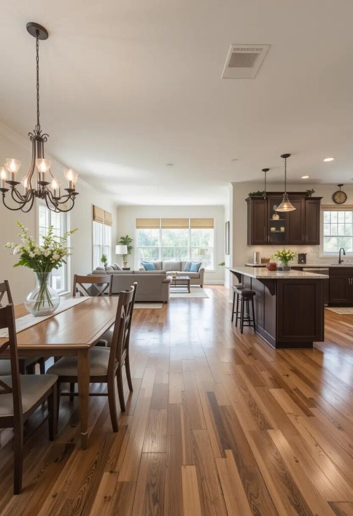 Open concept home with continuous hardwood flooring, enhancing flow and spaciousness.