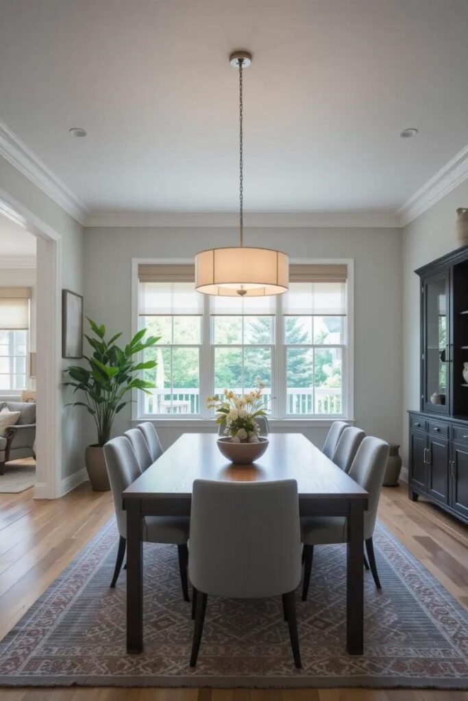 Open concept dining room with a modern pendant light centered above the table, defining the dining zone.