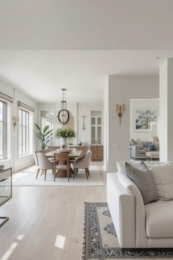 Open concept dining room blending with the living space through a cohesive neutral color palette.