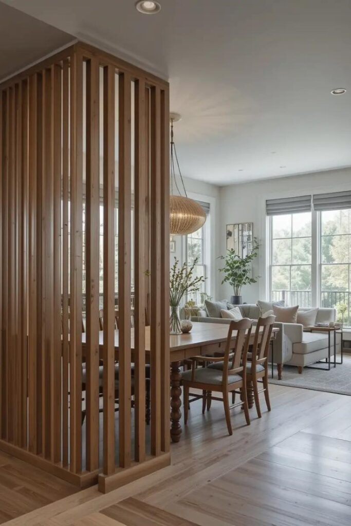 Open concept dining room with a wooden slatted divider, providing separation without closing off the space.