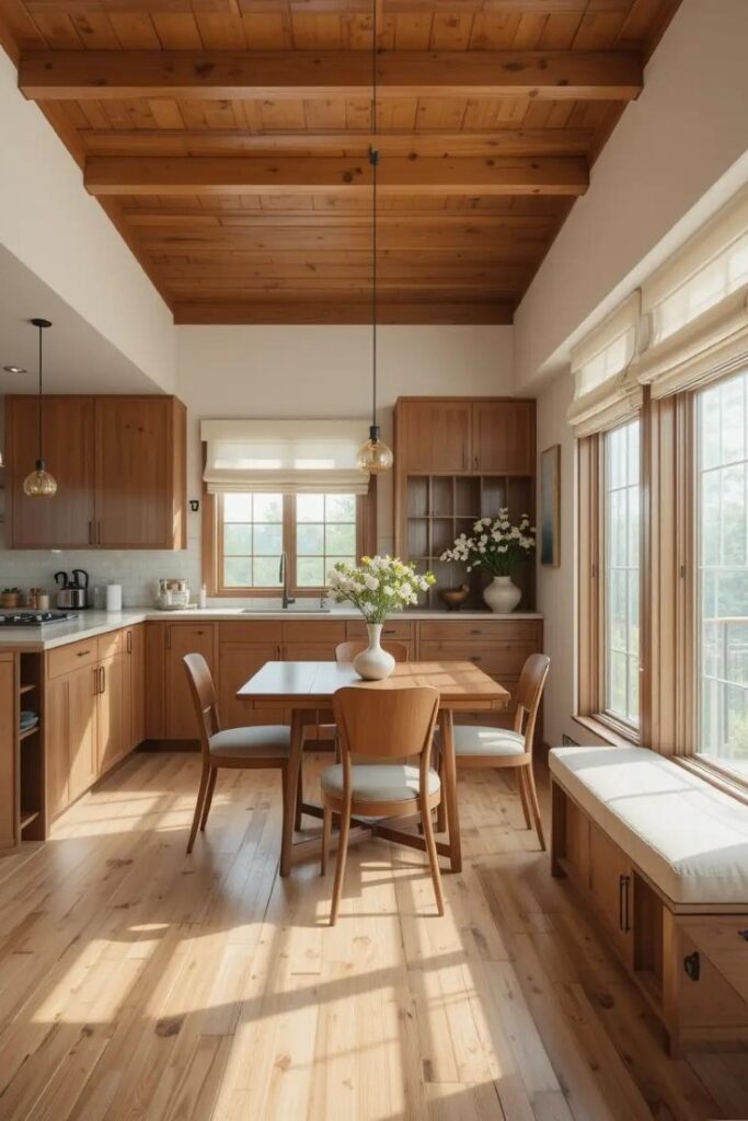 Open concept dining room with matching wood tones, tying the space together with cohesive design elements.