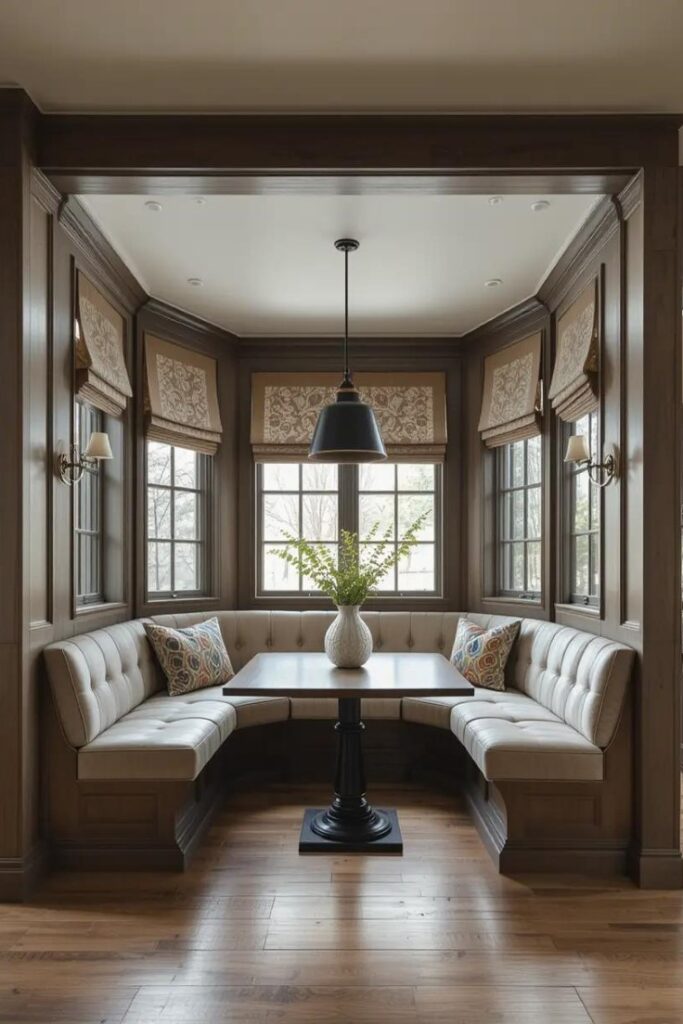 Open concept dining area featuring a built-in banquette for efficient and stylish seating.