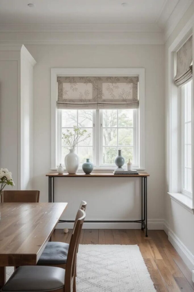 Open concept dining space with a console table acting as a functional and decorative room divider.