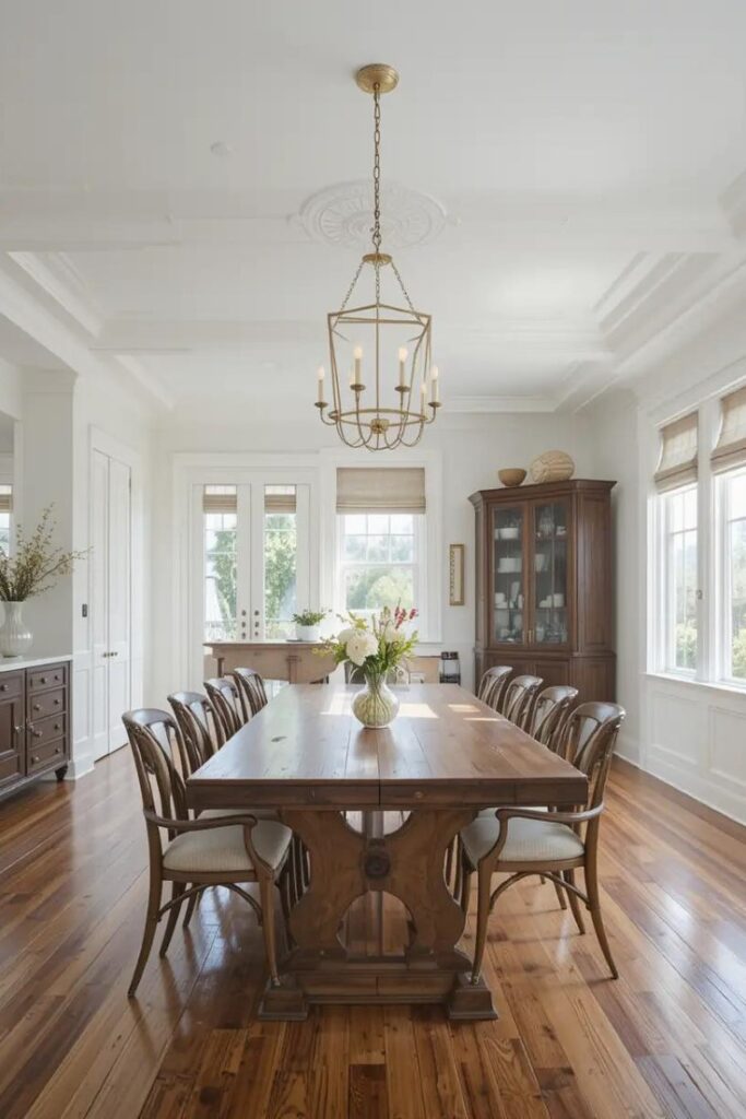 Open concept dining room with a well-proportioned wooden table, balancing style and functionality.