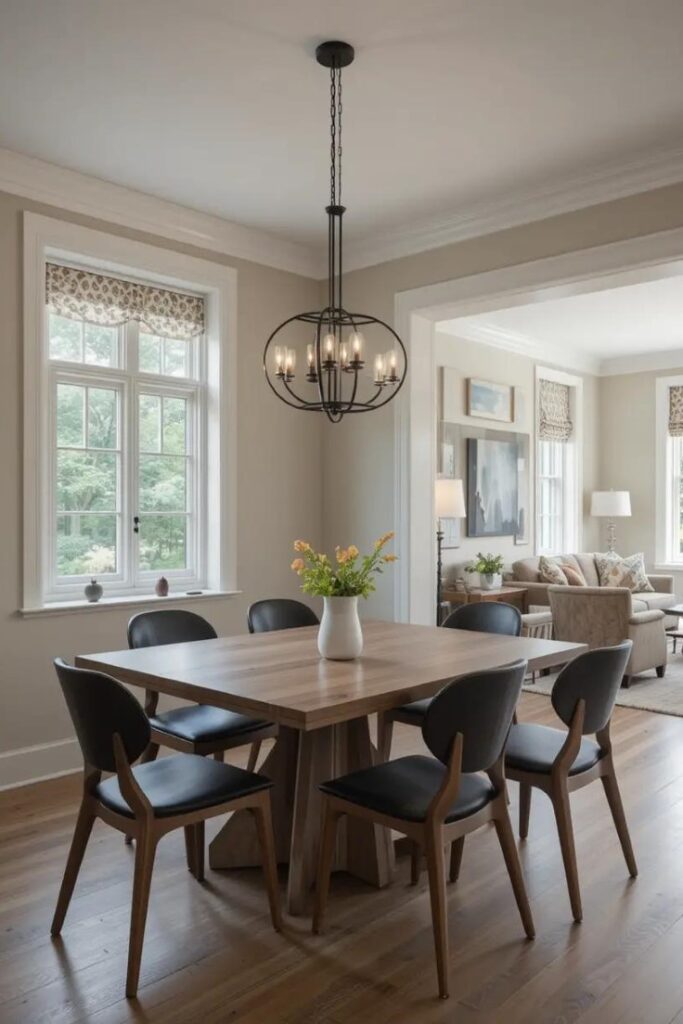 Open concept dining room with thoughtfully selected chairs that blend with the overall home design.