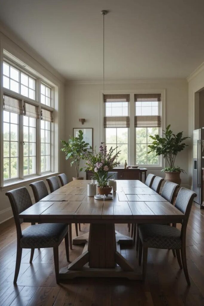Open concept dining room with a versatile expandable table, adapting to different needs.