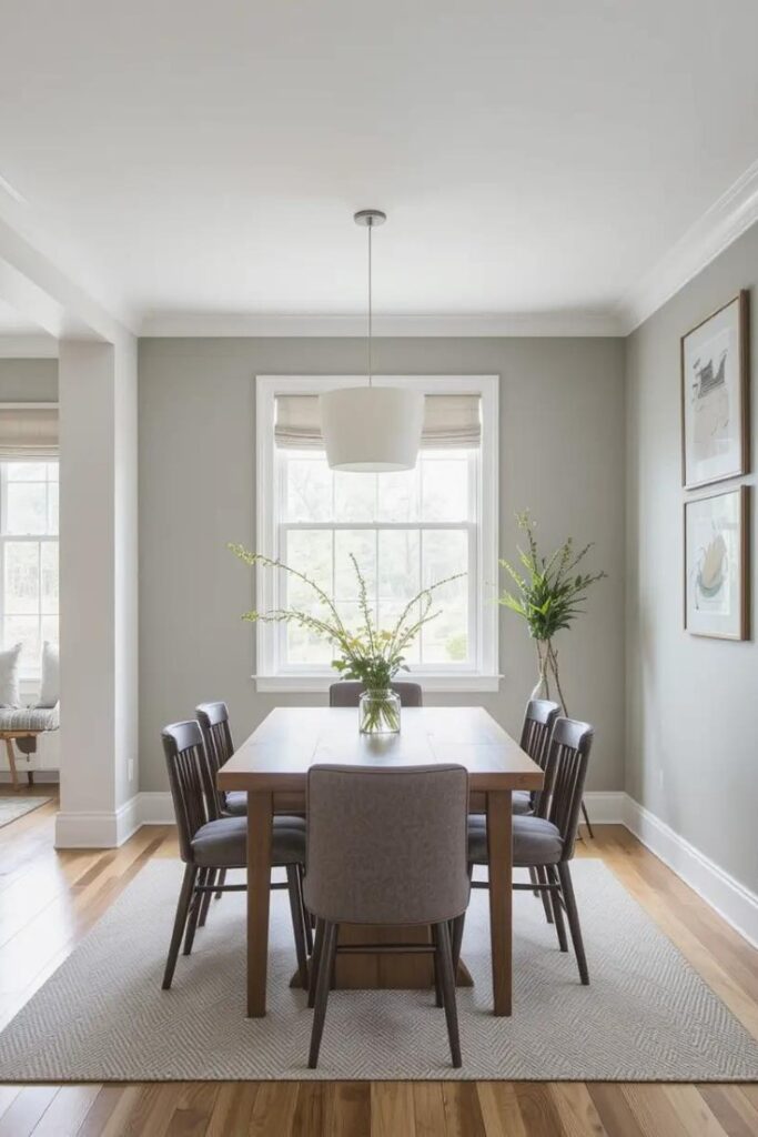 Open concept dining room with a soft accent wall adding visual definition without closing off the space.