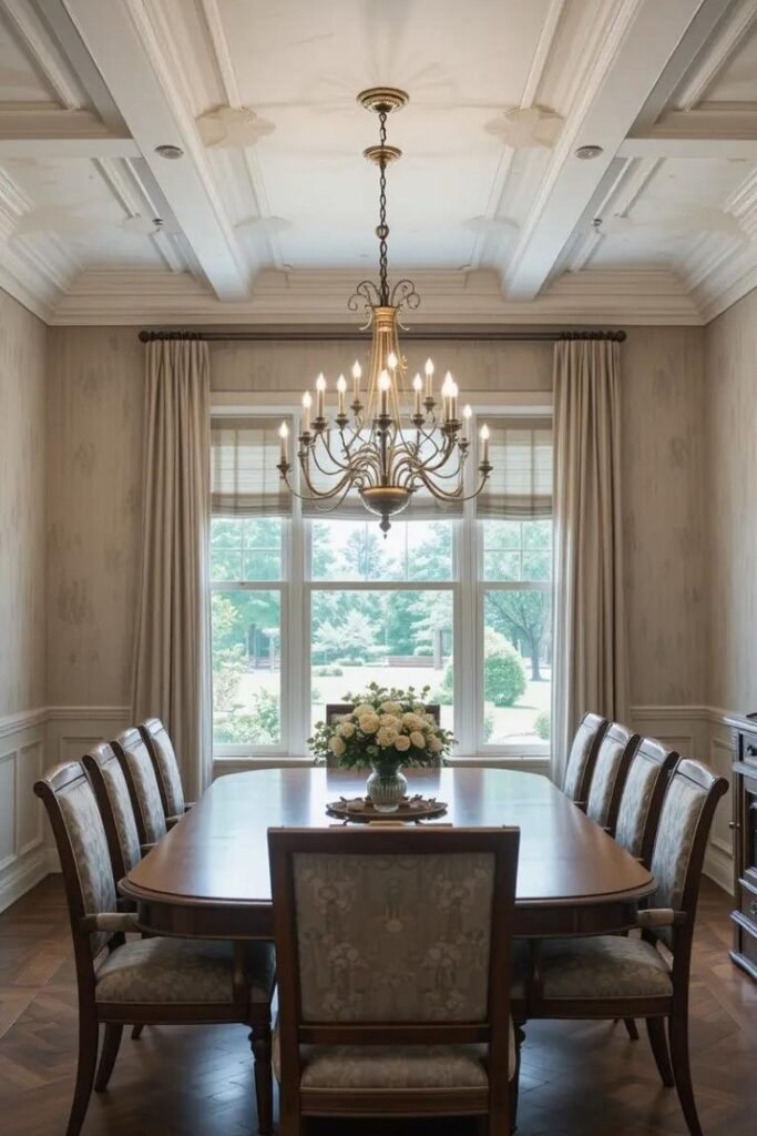 Open concept dining room with a statement ceiling that enhances its identity within the space.