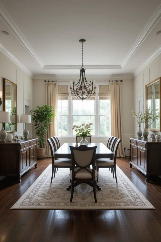 Open concept dining room with symmetrical decor elements, enhancing visual order and definition.