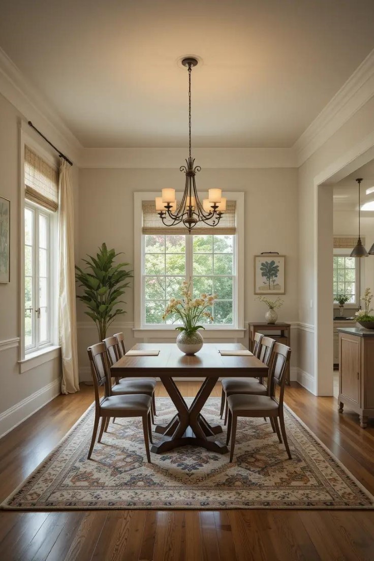 Open concept dining room with a well-positioned table that enhances visibility and flow between spaces.